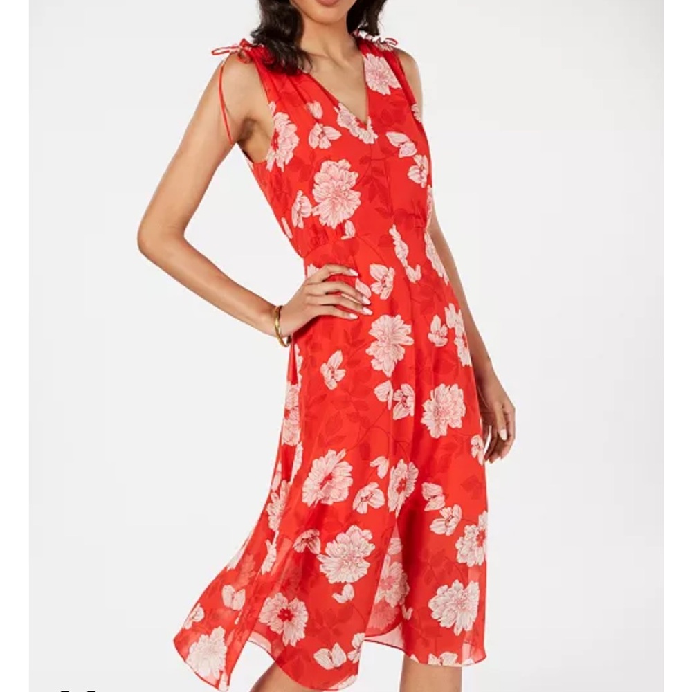Vince Camuto Floral Red Sleeveless‎ A-Line Midi Dress - Picture 3 of 14
